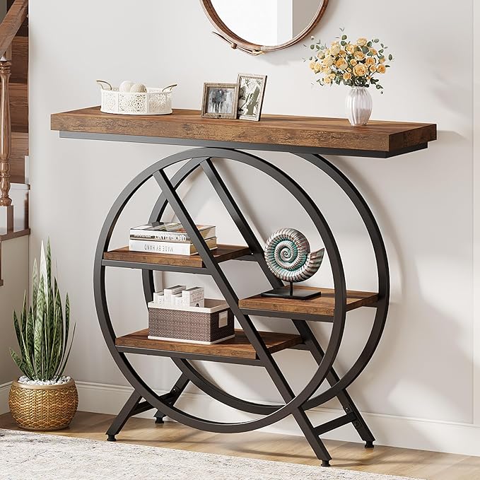 Tribesigns Console Table, 40-Inch Entryway Table with Storage Shelves, 4-Tier Industrial Hallway Sofa Table with Geometric Metal Frame, Accent Table for Living Room, Entryway, Rustic Brown
