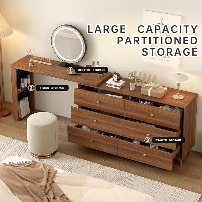 Makeup Vanity Desk with Full Aluminum HD Lighted Mirror, 50-90in Extendable Modern Vanity Table, 6-Drawer Solid Wood FrameStorage Cabinet, Dressing Table for Bedroom (Brown, 6-drawer-47.2)