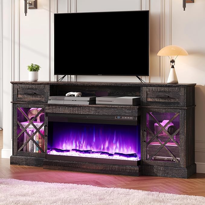 3-Sided Farmhouse LED Fireplace TV Stand, 70" Large Entertainment Center Glass Doors for TVs up to 80", Modern Wood Grain High-Gloss TV Storage Cabinet for Living Room, Black