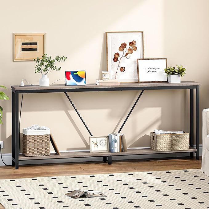 HOOBRO 78.7" Extra Long Sofa Console Table with Charging Station, 2-Tier Behind Couch Table with V-Brace, for Narrow Entryway, Hallway, Living Room, Greige BG206UXG01