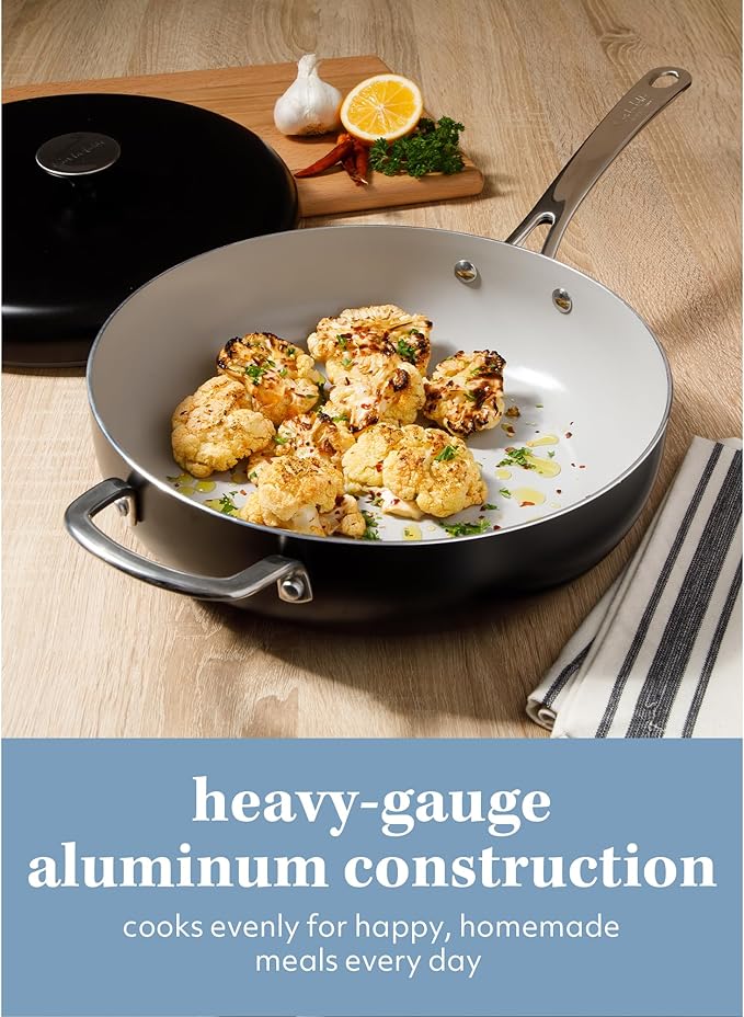 Sur La Table Kitchen Essentials Potluck Porch 4.5 Quart Sauté Pan, Deep Frying Pan Skillet w/Lid Aluminum PFA Free Ceramic Cookware Chef's Pan, Omelet Pan - Induction - Black