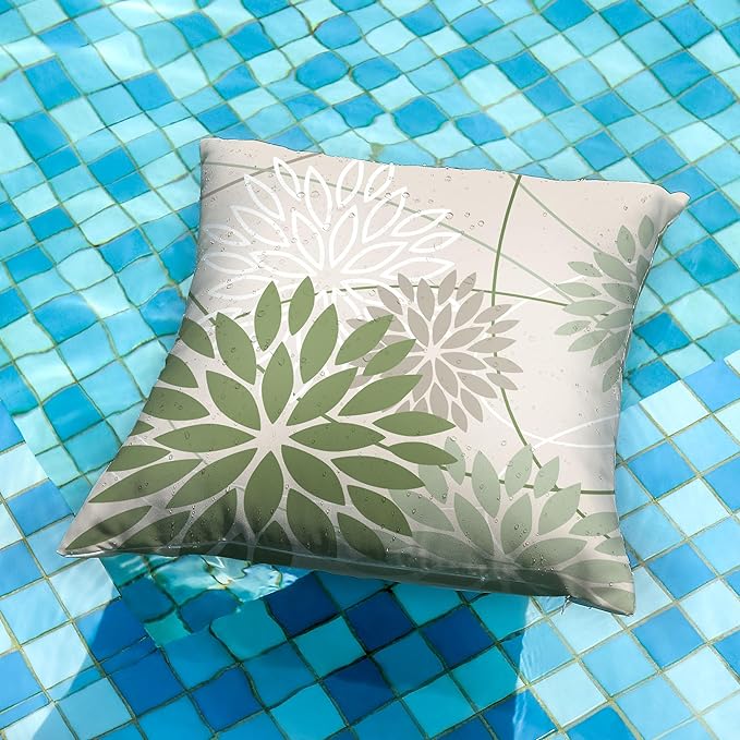 Dark Light Green and Grey Floral Pillow Covers 18x18 Set of 2 Outdoor Pillows Covers Waterproof Spring Summer Pillowcovers Polyester Cushion Case Decor for Couch Patio Funiture Garden Porch 01V18