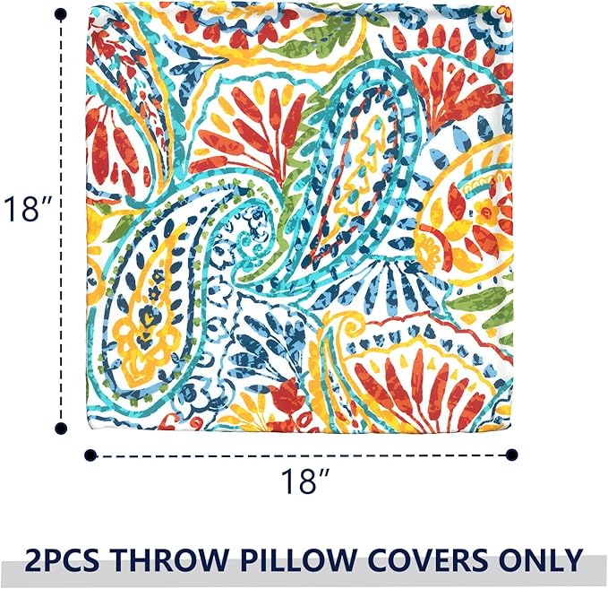 Outdoor Throw Pillow Covers 18”x18”, Decorative Pillow Covers for Patio Furniture, Modern Cushion Cases for Garden Couch Home Sofa Bed Office Chair, Pack of 2, Paisley Multi