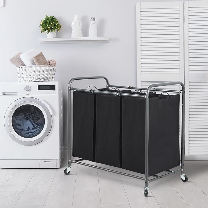 STORAGE MANIAC 3 Section Laundry Sorter, 35.9 Gal (136 L) Laundry Hamper Cart with Heavy Duty Rolling Lockable Wheels and Removable Bags, Clothes Organizer Basket Clothes Separator Hamper, Black