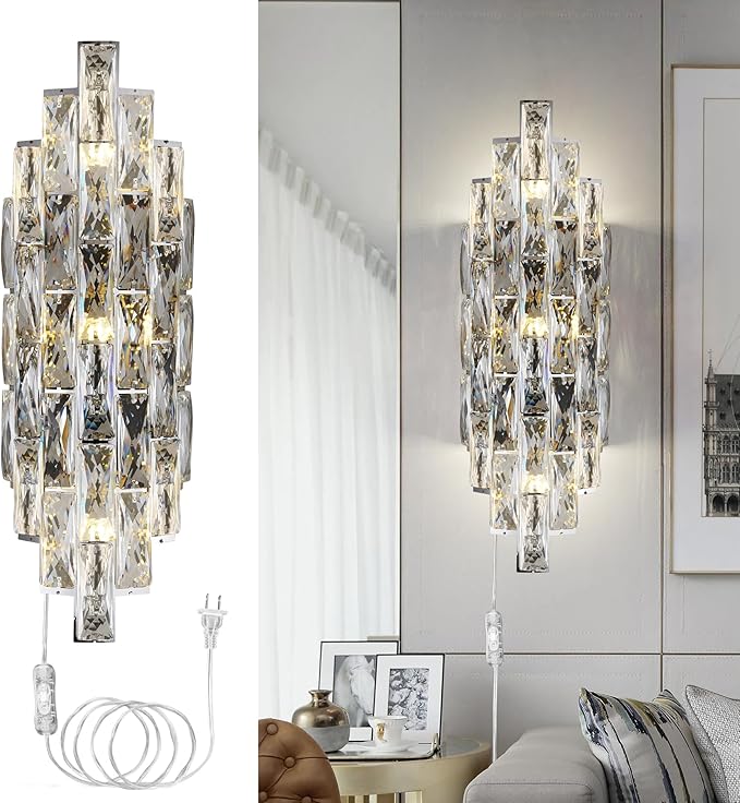 Modern Plug in Wall Sconce Crystal Wall Sconces Indoor Wall Lamp for Bedroom Chrome Light Fixture with Plug in Switch Vanity Wall Mount Lamps for Living Room Bedroom Bathroom Bedside Hallway