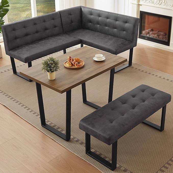 3-Piece Corner Dining Table Set with Bench, 70 Inch Space-Saving Breakfast Nook for Kitchen & Dining Room(Walnut Table & L-Seat Grey Bench)