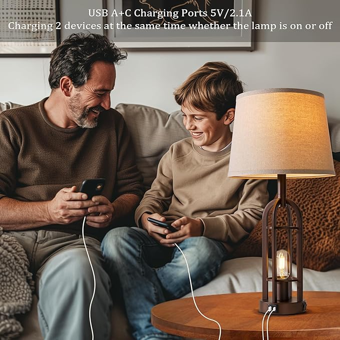 Table Lamps for Living Room End Table Set of 2 - Farmhouse Industrial Bedside Lamps for Bedroom Nightstand with Nightlight and USB A+C, 4 Bulbs Included