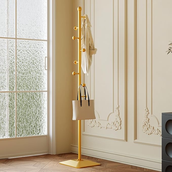 Gold coat rack,Metal coat hanger stand,Coat Tree freestanding Heavy duty with 8 Hooks and Cast iron base for coats,Hat,scarf,jacket,purse