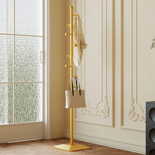 Gold coat rack,Metal coat hanger stand,Coat Tree freestanding Heavy duty with 8 Hooks and Cast iron base for coats,Hat,scarf,jacket,purse
