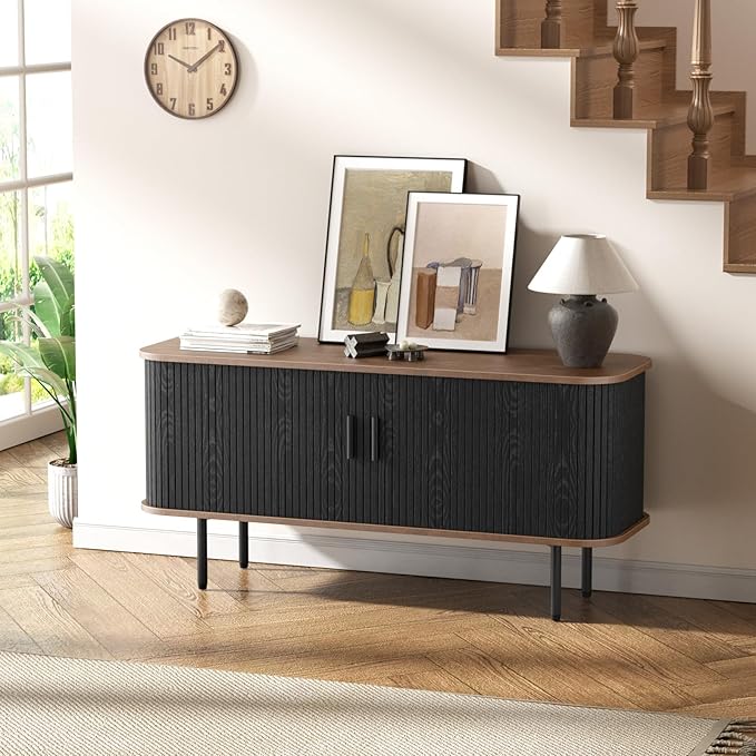 47" Modern Fluted TV Stand for TVs up to 60 Inch , Gaming Entertainment Center with Tambour Slatted Sliding Doors and Storage Cabinet, Media TV Consoles Table for Living Room, Office, Black