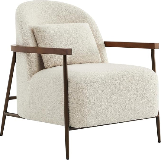 CHITA Accent Chair for Living Room, FSC Certified Modern Upholstered Faux Sherpa Fabric Armchair with Metal Frame and Wooden Armrests, Ivory