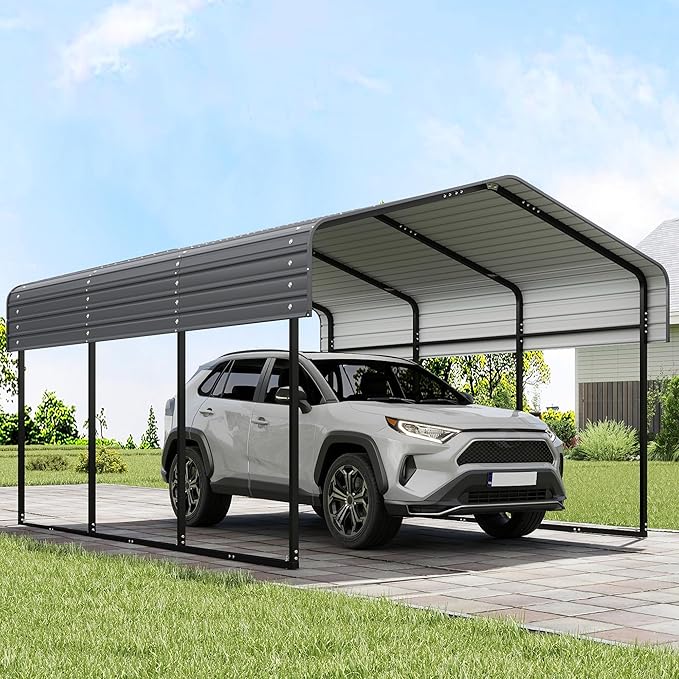 Real Relax 10x15FT Heavy Duty Metal Carport, Outdoor Carport Canopy with Galvanized Steel Roof and Reinforced Base for All-Weather, Garage Shelter Shade for Trucks, Boats, Party, Gray