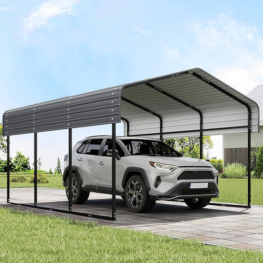 Real Relax 10x15FT Heavy Duty Metal Carport, Outdoor Carport Canopy with Galvanized Steel Roof and Reinforced Base for All-Weather, Garage Shelter Shade for Trucks, Boats, Party, Gray