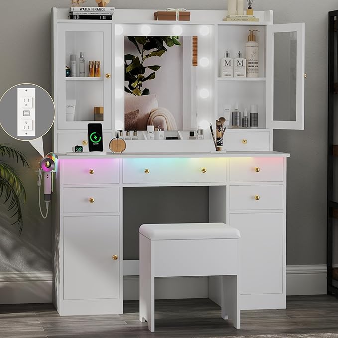 Makeup Vanity Desk with Mirror & LED Lights, Storage Drawers, Charging Station, Cabinets & Stool, Large Dressing Table with RGB Ambient Lighting for Bedroom & Vanity Room