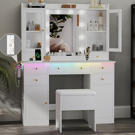 Makeup Vanity Desk with Mirror & LED Lights, Storage Drawers, Charging Station, Cabinets & Stool, Large Dressing Table with RGB Ambient Lighting for Bedroom & Vanity Room