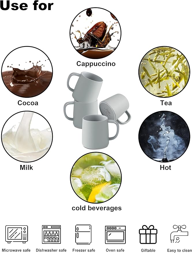 T-WARE 16 Oz Coffee Mugs, Matte Light Grey Mug Set of 4, Ceramic Mugs Coffee, Solid Color Coffee Cups Ceramic