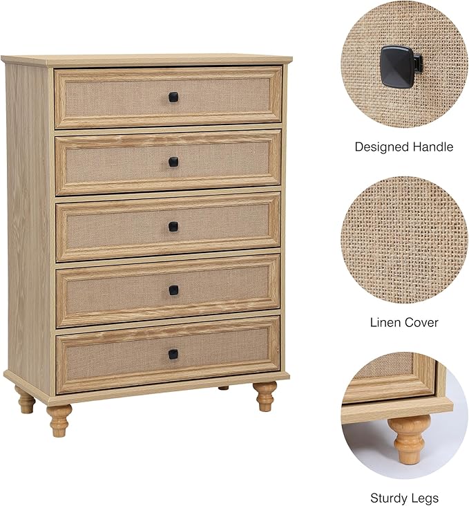 ORRD 5 Drawer Dresser for Bedroom, Mid Century Modern Wide Wood Rustic Chest of Drawers Wooden Storage Organizer Dressers with Burlap Rattan Drawers for Living Room, Hallway Closet, Entryway, Natural