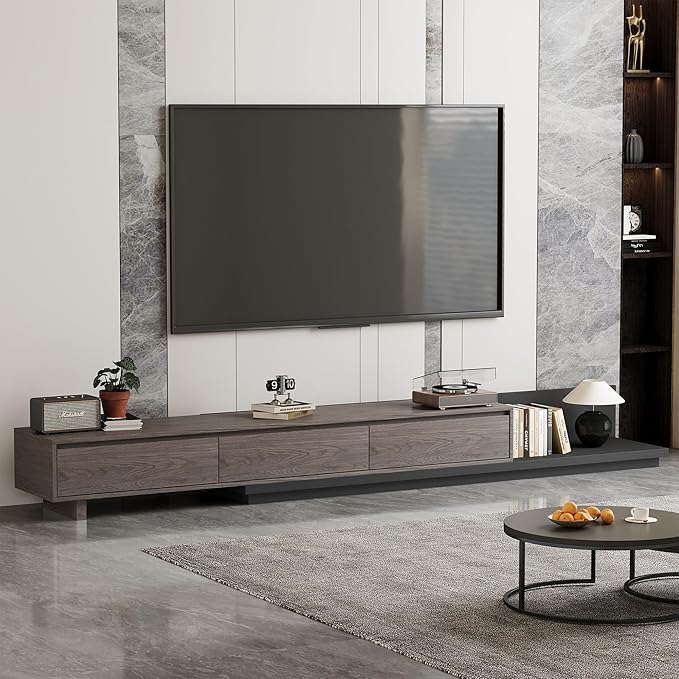 Mid-Century Modern Extendable TV Stand with Ample Storage for Living Room – Adjustable TV Cabinet from 78.7" to 130", 3-Drawer Entertainment Center, Black Walnut