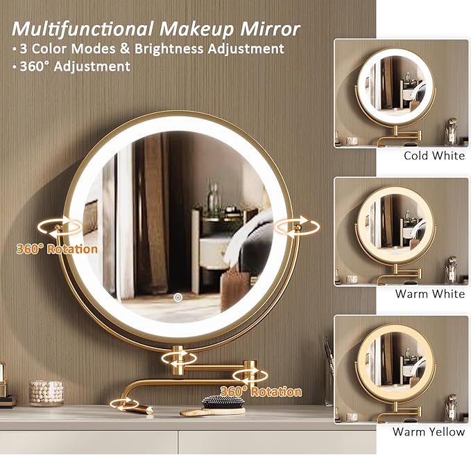 IKuinen Makeup Vanity Desk with Mirror and Lights, Small Vanity Table with 2 Drawers, Stool, Vanity Set for Bedroom with Leather, 3 Lighting Modes - 31.5In Beige