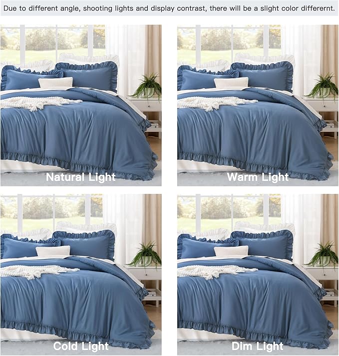 Litanika Ocean Blue Full Size Comforter Sets, 3 Pieces Ruffle Farmhouse Aesthetic Bedding Comforter Sets, All Season Soft Lightweight Fluffy Microfiber Bed Set(79x90In Comforter, 2 Pillowcases)