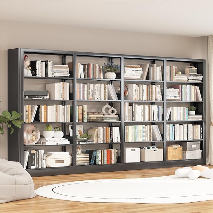 Heavy Duty 5-Tier Metal Bookshelf, Industrial Wide Book Shelf with Adjustable Shelves, 280lbs Shelf Capacity, Large Office Bookcase, Display Book Organizer for Living Room Bedroom Library -2Pcs,Black