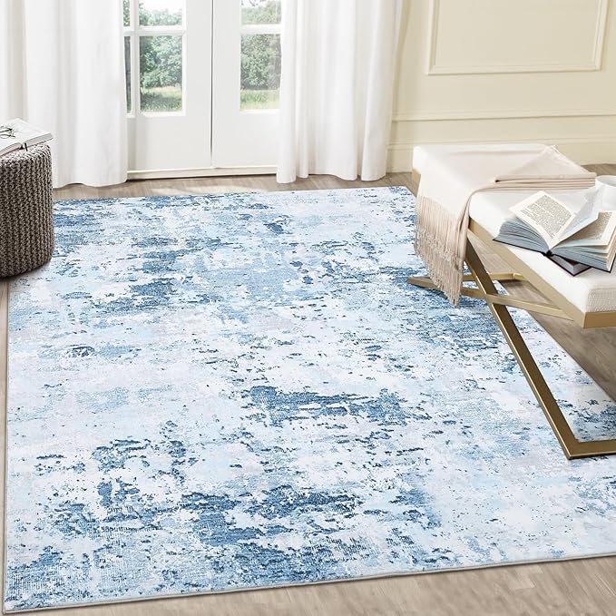 Area Rug 4x6 for Living Room Stain Resistant Carpet Modern Abstract Rugs Ultra Soft Machnine Washable Indoor Floor Cover Accent Rug Low Pile Thin Rug for Bedroom Dining Room, Blue