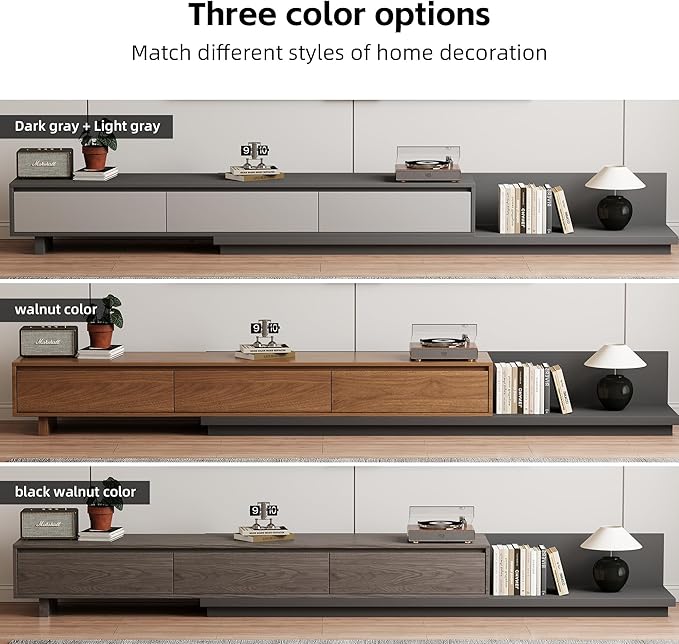 Adjustable TV Stand with 3 Drawers - Mid-Century Modern Extendable Entertainment Center for Living Room or Bedroom(78.7–130"), Stylish Gray Media Console