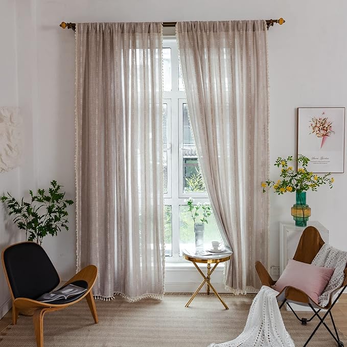 Linen Embroidery Striped Farmhouse Curtains for Living Room and Bedroom - Light Filtering Tassel Boho Drapes 2 Panels Set - Rod Pocket (52" W x 96" L, Khaki)