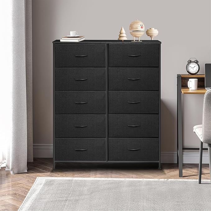 Dresser for Bedroom with 10 Drawers, Chest of Drawers, Storage Drawers Organizer Unit, Black Wide Fabric Dresser with Fabric Bins for Closet, Living Room, Entryway (Black and Charcoal Black)