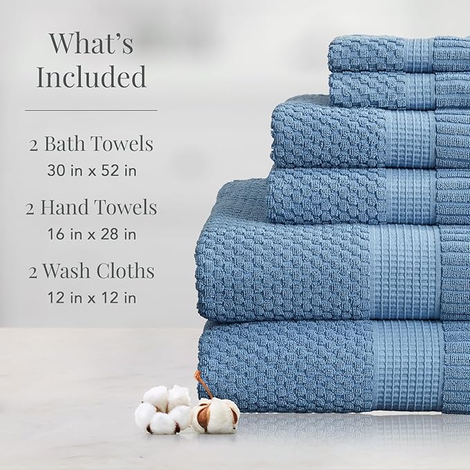 NY Loft 100% Cotton Towel Set 6 Piece | Super Soft & Absorbent Quick-Dry 2 Bath Towels 2 Hand Towels and 2 Washcloths |Textured and Durable Cotton | Trinity Collection (6 Piece Set, Blue Shadow)