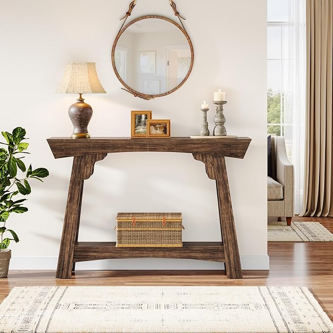 Tribesigns 41.3" Farmhouse Console Table, 2-Tier Small Entryway Table with Storage, Narrow Wooden Sofa Table Behind Couch for Living Room, Foyer, Hallway, Rustic Brown
