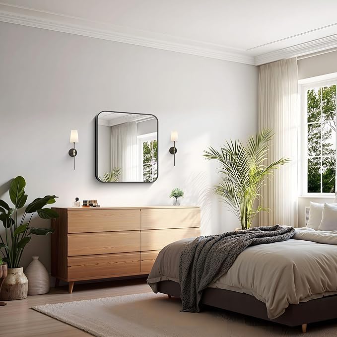 KOCUUY Square Bathroom Mirror, 24"x24" Black Rectangle Vanity Mirror, Black Metal Frame Mirror with Rounded Corner for Bathroom, Bedroom, Living Room, Entryway