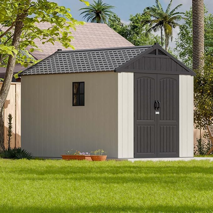 Patiowell 8x10 FT Plastic Shed Outdoor Storage Shed with Floor, Resin Garden Tool Shed Lockable Door & Two Windows for Patio, Backyard, Bike & Organizer, Beige
