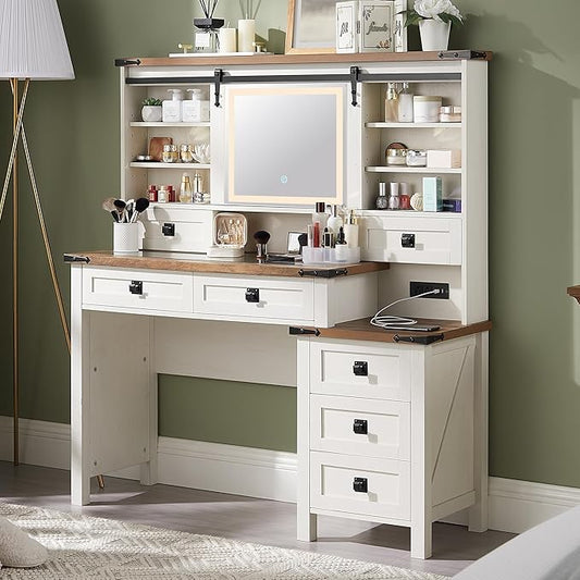 T4TREAM 48'' Farmhouse Makeup Vanity Desk with Sliding HD Mirror and Lights, Big Modern Lighted Vanity Table with 7 Drawers & Shelves, Rustic Large Dressing Table, Antique White