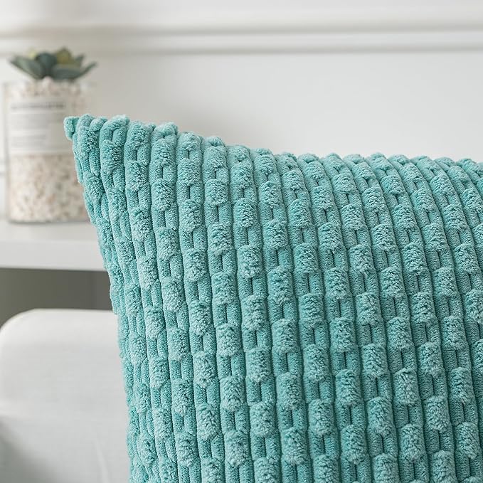 Kevin Textile Throw Pillow Covers Soft Corduroy Decorative Set of 2 Boho Striped Pillow Covers Pillowcases Farmhouse Home Decor for Couch Bed Sofa Living Room 22x22 Inch Aqua Green