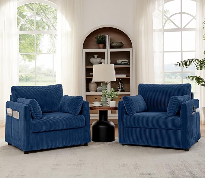 Accent Chair Set of 2 Living Room Chairs in Corduroy Fabric,Reading Chair Sofa Couches for Apartment Bedroom and Small Spaces. (Blue, 2 Chairs)