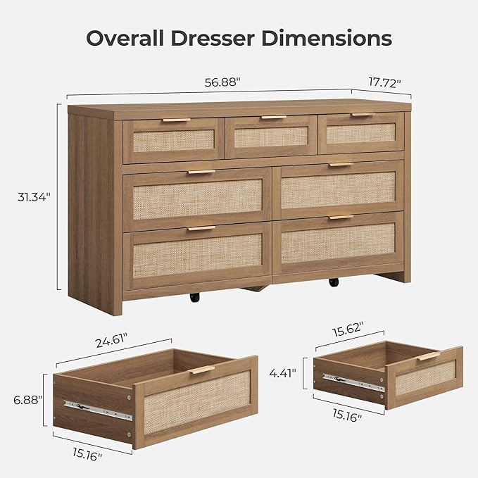 SICOTAS 7 Drawer Dresser for Bedroom, 57" Wide Rattan Dressers, Large Chest of Drawers for Bedroom, Dresser TV Stand, Boho Closet Organizer (Reclaimed Caramel Oak, 7 Drawers (1 pc))
