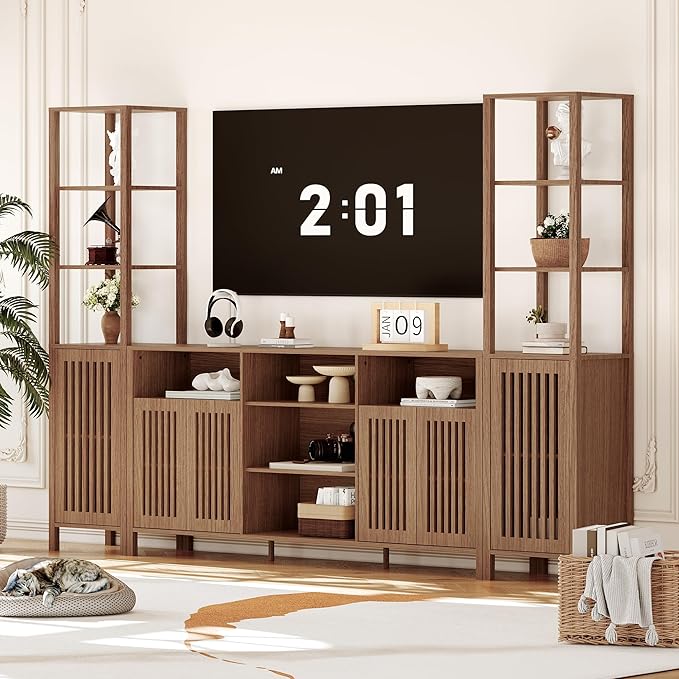 Entertainment Center with Bookshelves, Farmhouse TV Stand for 70 Inch TVs, TV Stands for Living Room w/Adjustable Shelves & Storage Cabinet, Modern Console Cabinet for Bedroom Home Theater