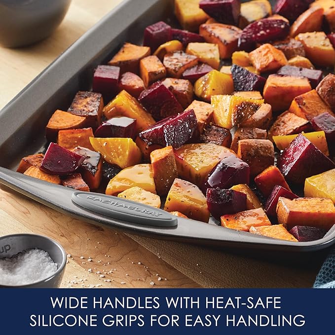 Rachael Ray Nonstick Bakeware Set with Grips, Nonstick Cookie Sheets / Baking Sheets - 3 Piece, Gray with Sea Salt Gray Grips