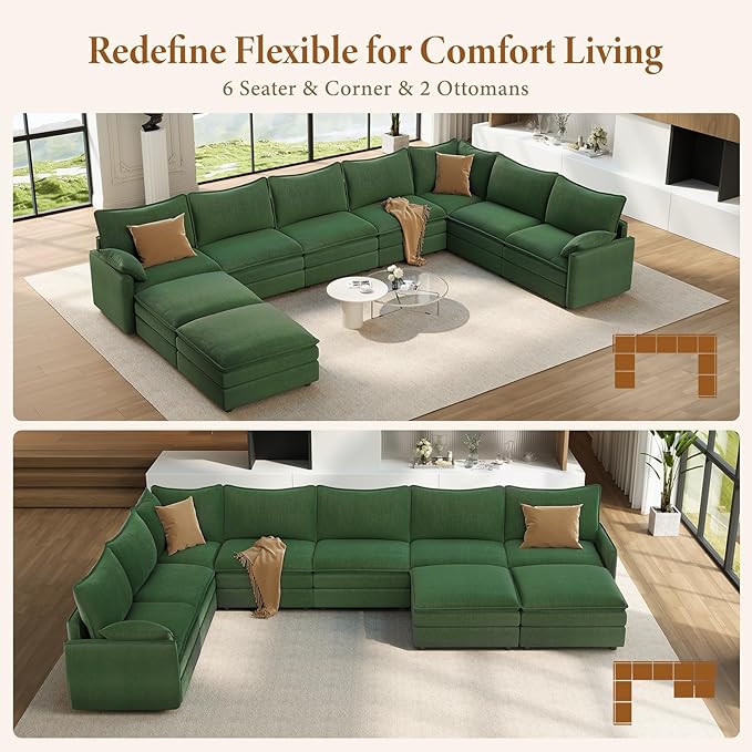 Vesgantti Large Modular Sectional Sofa, Big Comfy Cloud Couch with Ottoman Deep Seat Chenille Cloud Sofa, 9 Seater Large Sectional Couches for Living Room, Bedroom and Apartment, Green