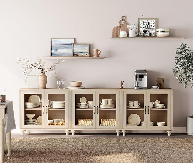 WAMPAT 100 Inch TV Stand with Glass Door, Wood TV Cabinet Entertainment Center for 75/80/85 Inch TV, 3-in-1 Kitchen Buffet Cabinet with 6 Storage Cabinets for Dining Room & Living Room, Light Oak