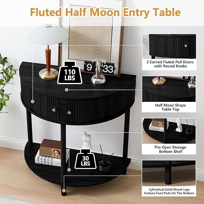 Fluted Half Moon Console Table, Modern Small Entry Table Sofa Table with Storage, Solid Wood Legs Narrow Entryway Table for Living Room, Hallway, Foyer(Black)
