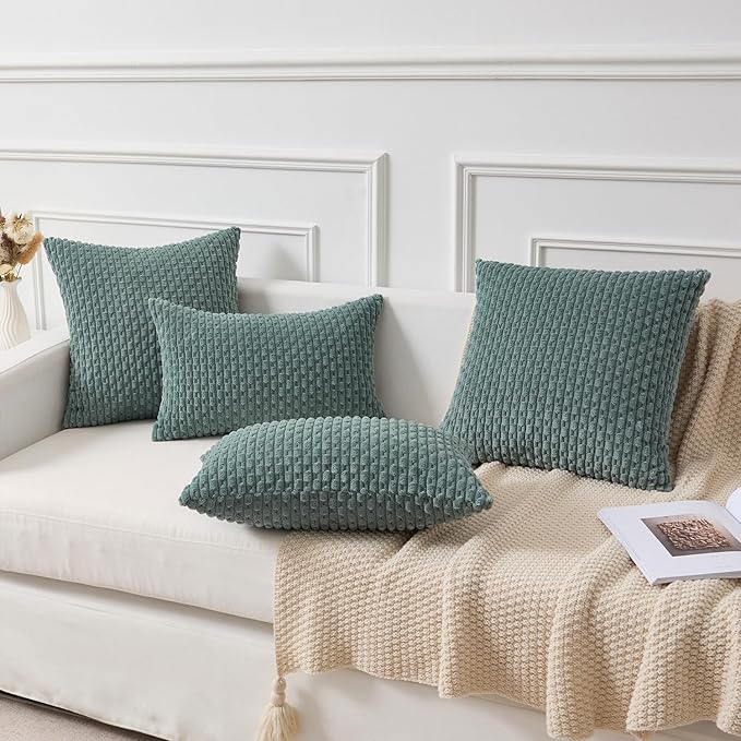 Kevin Textile Decorative Pillow Covers Set of 2 Striped Plush Corduroy Pillows Pillowcases Boho Home Decor Cushion Covers for Couch Sofa Bed Living Room 20x20 Inch, Teal Green