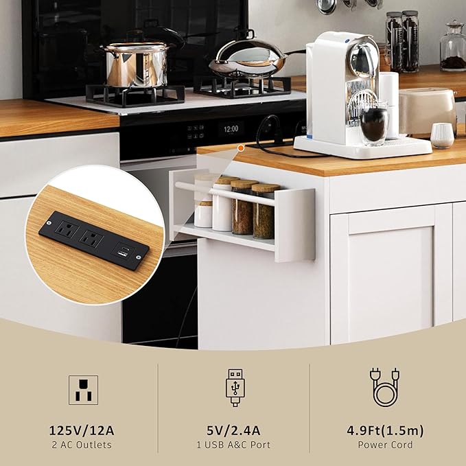 Rolling Kitchen Island on Wheels with Extendable Dining Table, Kitchen Storage Cart with 3 Drawers and Spice Rack, White