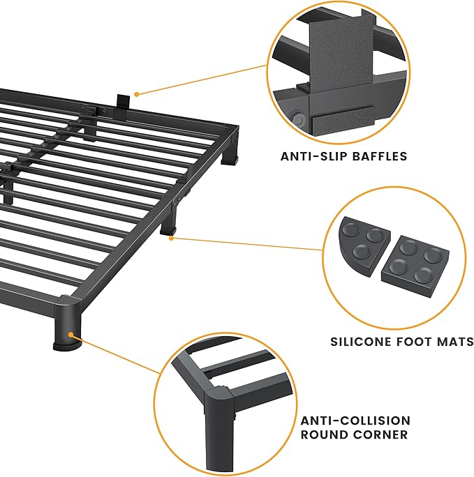 4 Inch Queen Bed Frame Low Profile, Heavy Duty Metal Platform Bed Frame with Round Corner Legs, Sturdy Mattress Foundation, No Box Spring Needed, Easy Assembly, Noise Free, Black