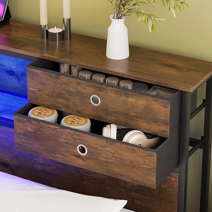 GiftGo King Size Headboard with 4 Fabric Storage Drawers Charging Station LED Light Adjustable Height Storage Rack Sturdy and Stable Metal Frame & Wood Shelf (Rustic Brown, King (U.S. Standard))
