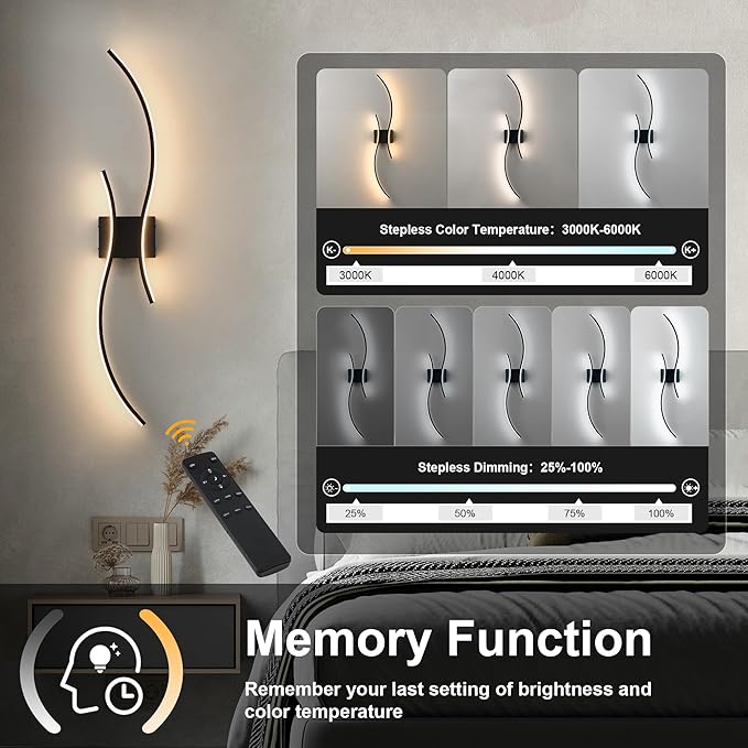 Battery Operated Wall Sconces Set of Two with Remote Control, Stepless Colors 3000K-6000K & Dimming, LED Black Wireless Wall Light for Living Room, Hallway, Bedroom, 39.3 Inch (2 Pack)