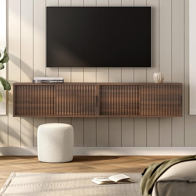 Fluted Floating TV Stand, 30" Multi-Purpose Modern TV Display Shelf Console Entertainment Center Cabinet with Sliding Doors for Bedroom Living Room Entryway, Brown