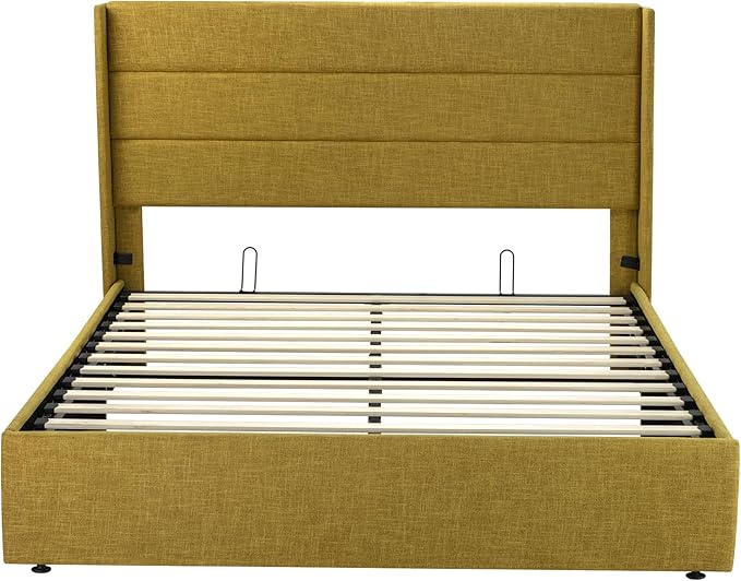 SHA CERLIN Queen Size Lift Up Storage Bed/Modern Wingback Headboard/Upholstered Platform Bed Frame/Hydraulic Storage/No Box Spring Needed/Wood Slats Support/Olive Yellow