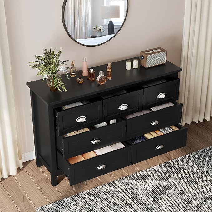 Black Dresser for Bedroom, Farmhouse 7 Drawer Double Dresser with Vintage Antique Handles, Modern Dressers and Chest of Drawers for Bedroom